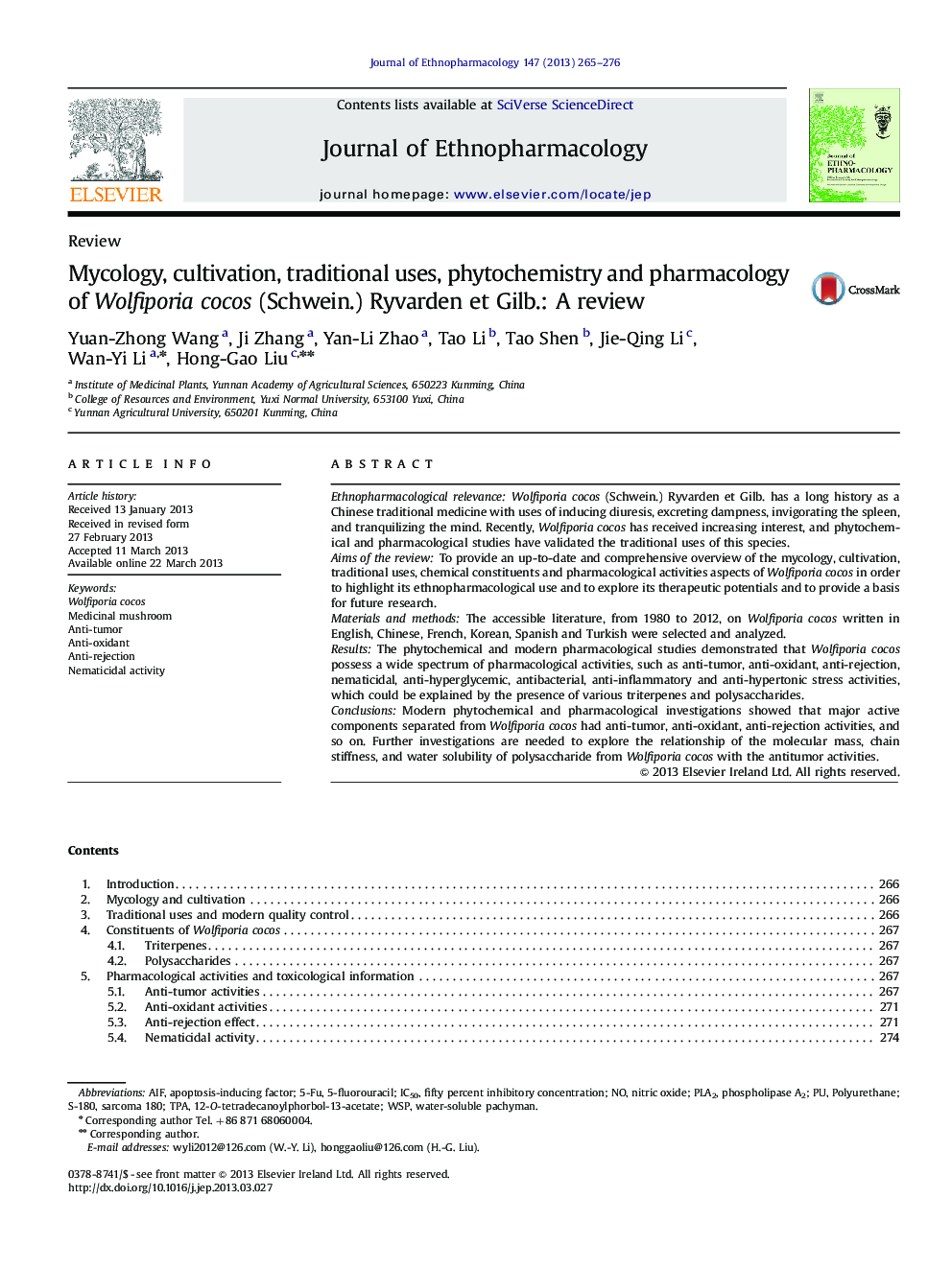 Mycology, cultivation, traditional uses, phytochemistry and pharmacology of Wolfiporia cocos (Schwein.) Ryvarden et Gilb.: A review