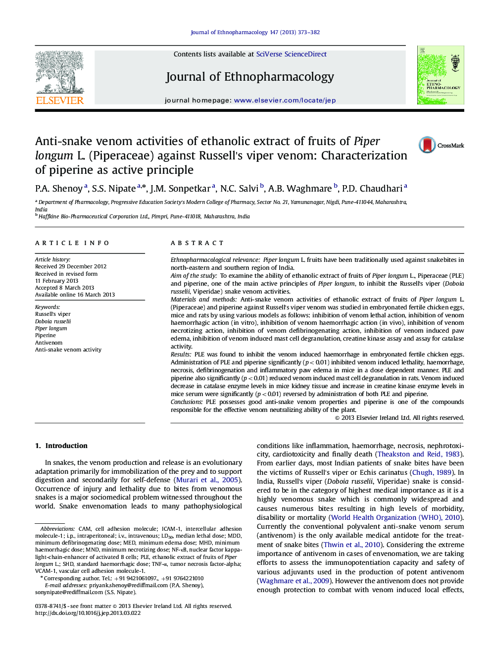 Anti-snake venom activities of ethanolic extract of fruits of Piper longum L. (Piperaceae) against Russell's viper venom: Characterization of piperine as active principle