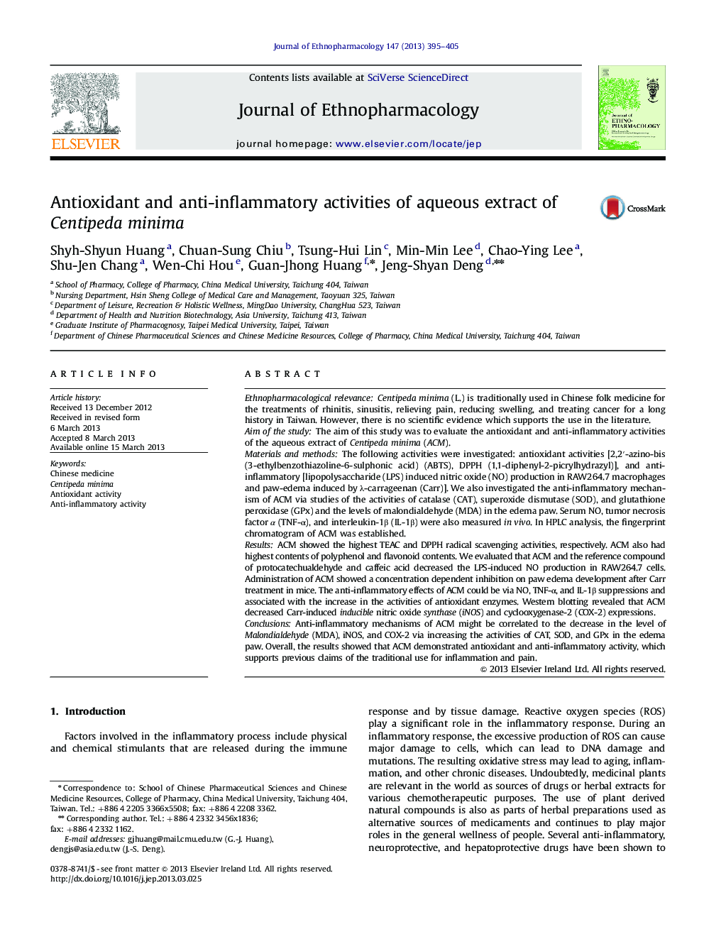 Antioxidant and anti-inflammatory activities of aqueous extract of Centipeda minima