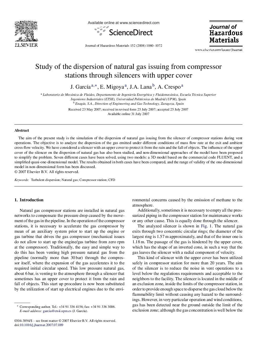 Study of the dispersion of natural gas issuing from compressor stations through silencers with upper cover