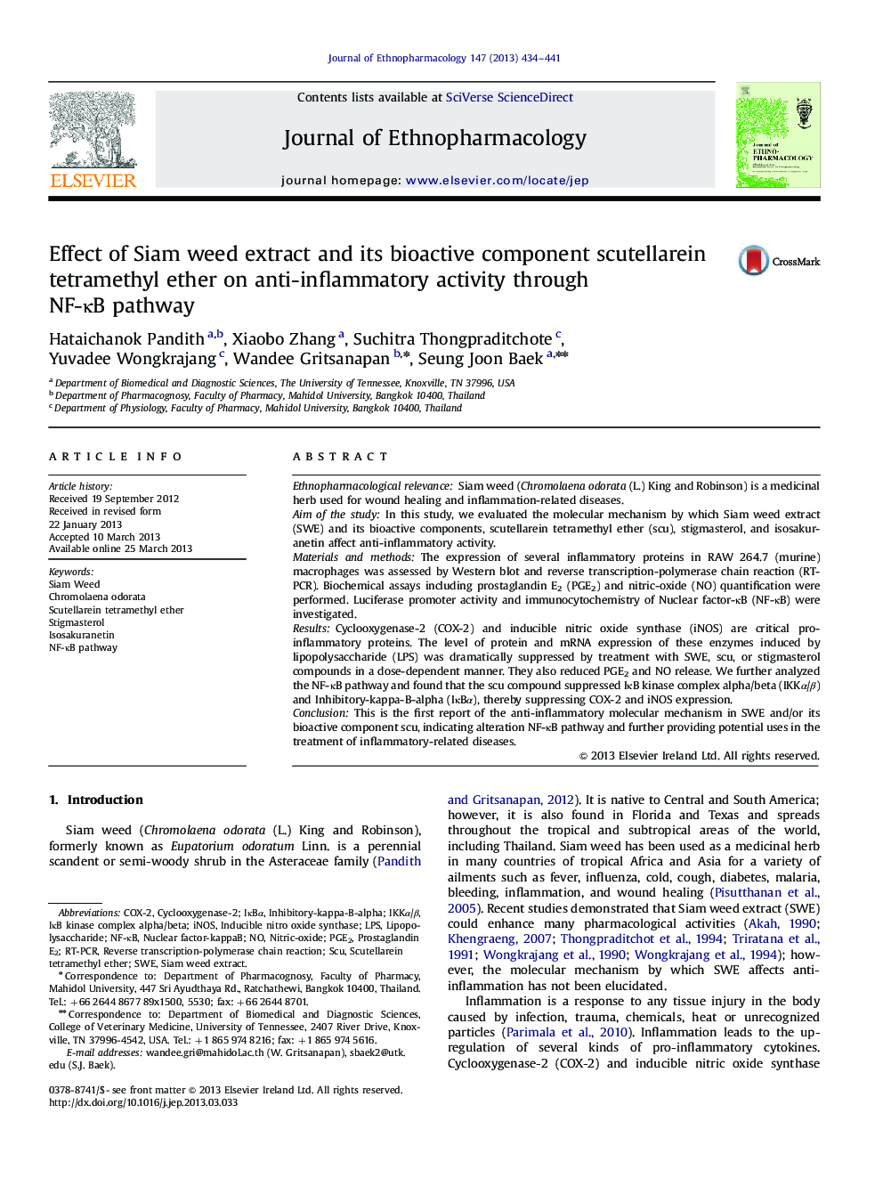 Effect of Siam weed extract and its bioactive component scutellarein tetramethyl ether on anti-inflammatory activity through NF-ÎºB pathway