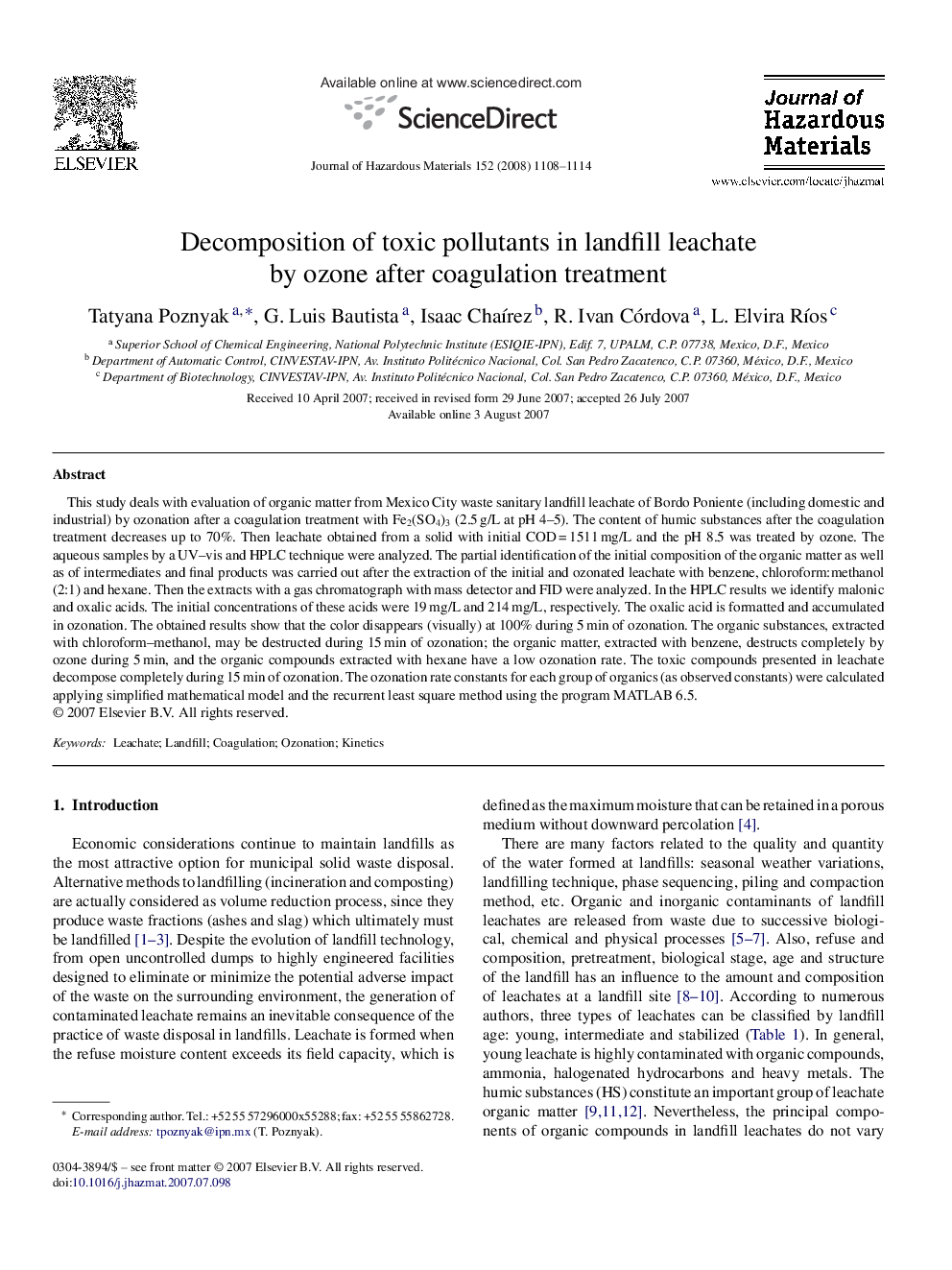 Decomposition of toxic pollutants in landfill leachate by ozone after coagulation treatment