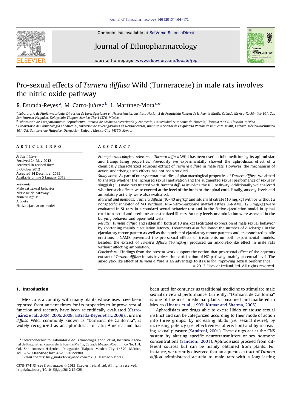 Pro-sexual effects of Turnera diffusa Wild (Turneraceae) in male rats involves the nitric oxide pathway