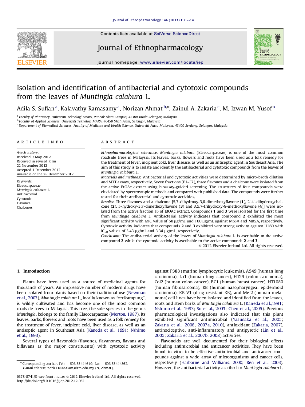 Isolation and identification of antibacterial and cytotoxic compounds from the leaves of Muntingia calabura L.