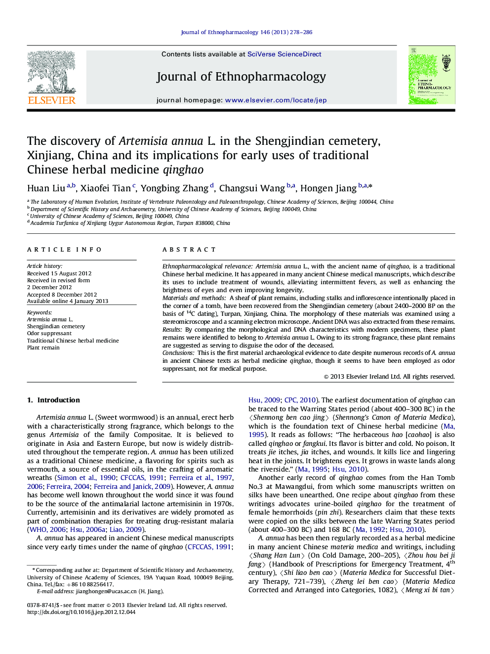 The discovery of Artemisia annua L. in the Shengjindian cemetery, Xinjiang, China and its implications for early uses of traditional Chinese herbal medicine qinghao