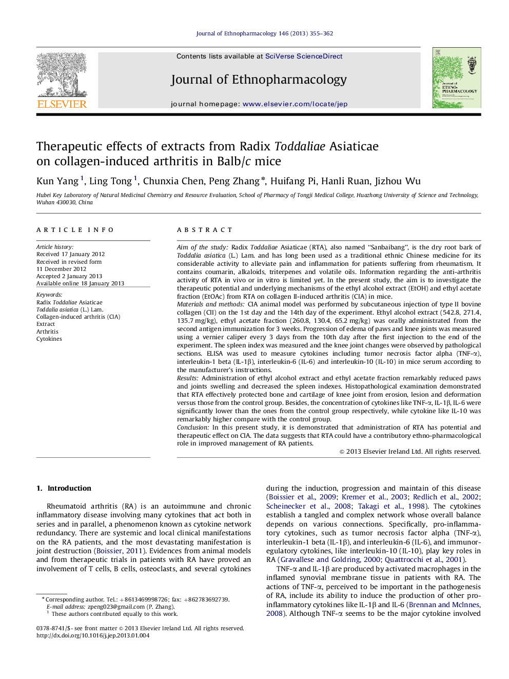 Therapeutic effects of extracts from Radix Toddaliae Asiaticae on collagen-induced arthritis in Balb/c mice