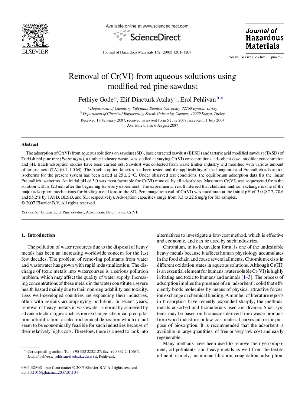 Removal of Cr(VI) from aqueous solutions using modified red pine sawdust