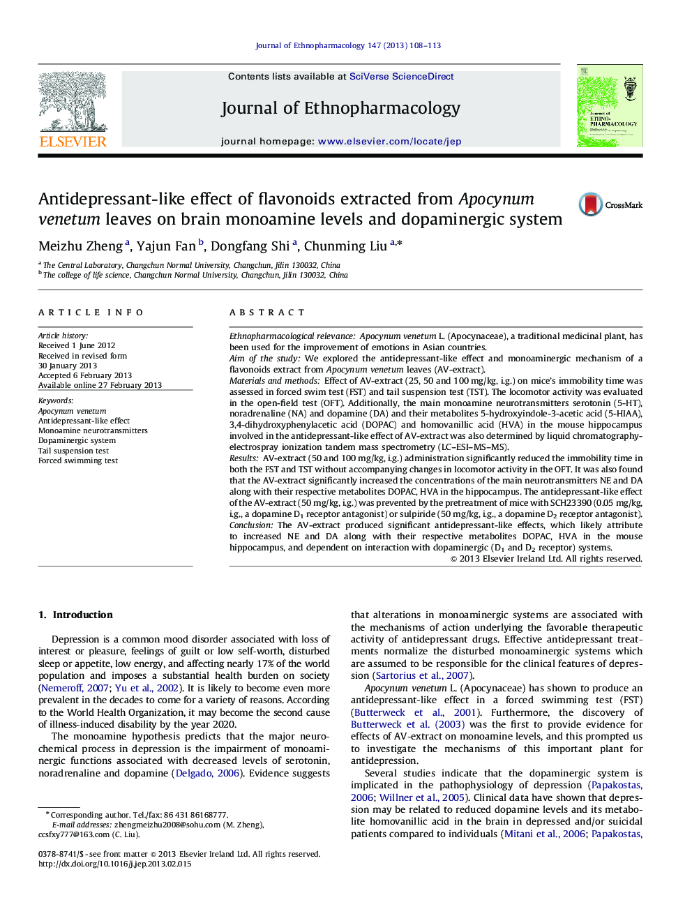 Antidepressant-like effect of flavonoids extracted from Apocynum venetum leaves on brain monoamine levels and dopaminergic system