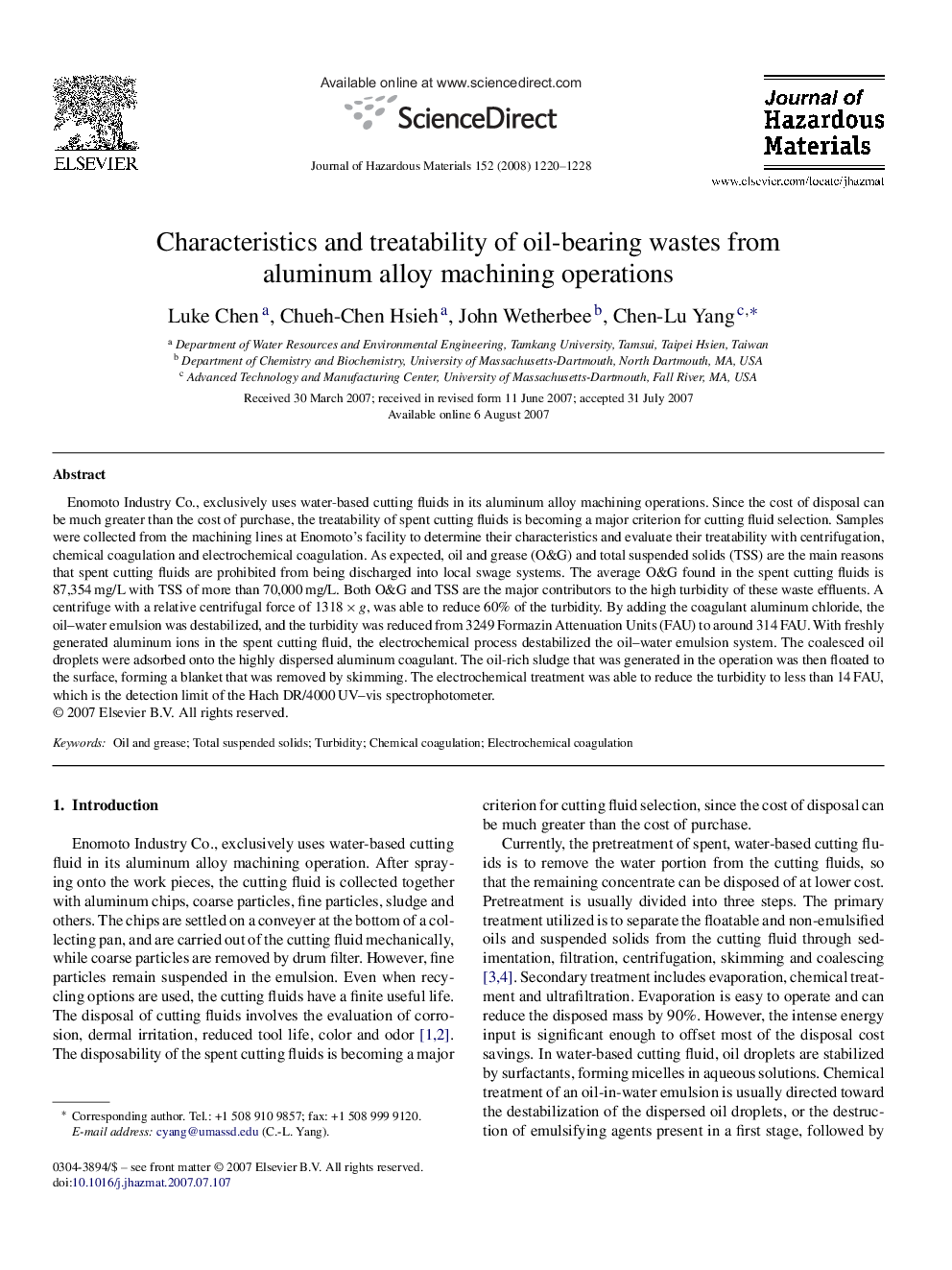 Characteristics and treatability of oil-bearing wastes from aluminum alloy machining operations