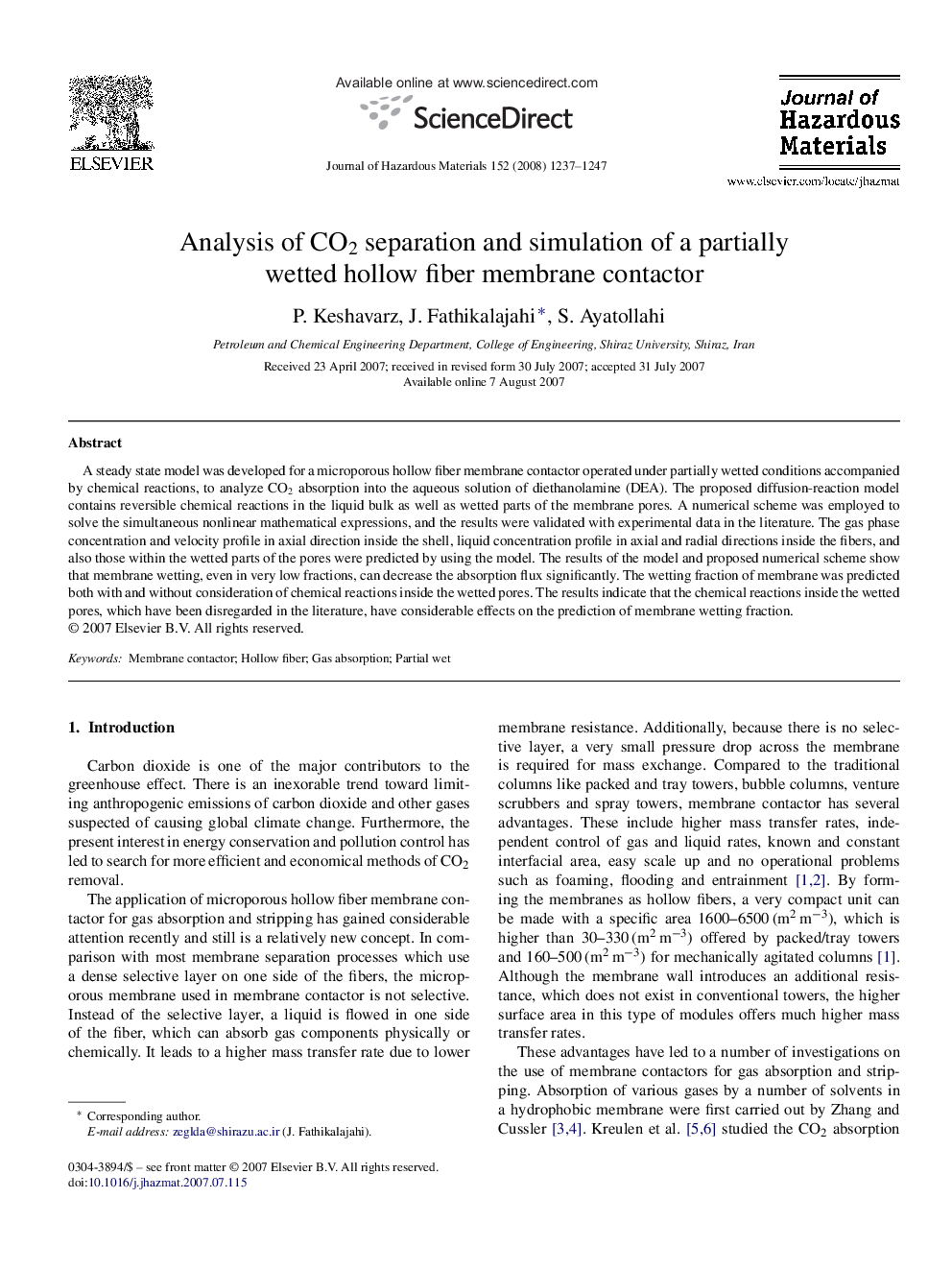 Analysis of CO2 separation and simulation of a partially wetted hollow fiber membrane contactor