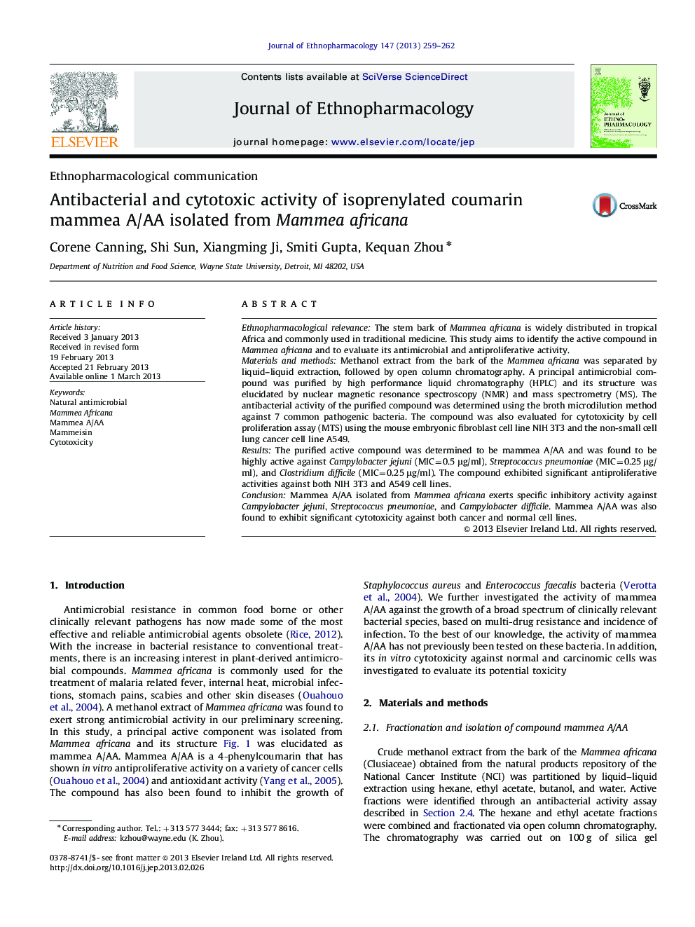 عکس صفحه اول مقاله: Ethnopharmacological communicationAntibacterial and cytotoxic activity of isoprenylated coumarin mammea A/AA isolated from Mammea africana Ethnopharmacological communicationAntibacterial and cytotoxic activity of isoprenylated coumarin mammea A/AA isolated from Mammea africana