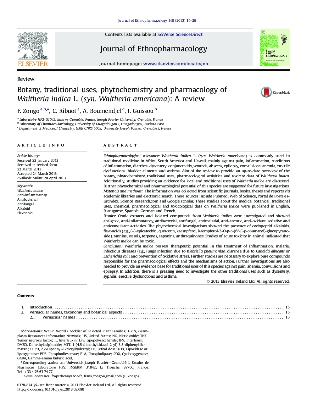 Botany, traditional uses, phytochemistry and pharmacology of Waltheria indica L. (syn. Waltheria americana): A review