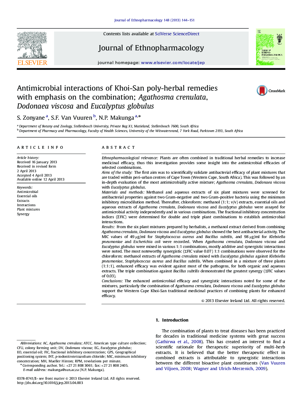 Antimicrobial interactions of Khoi-San poly-herbal remedies with emphasis on the combination; Agathosma crenulata, Dodonaea viscosa and Eucalyptus globulus