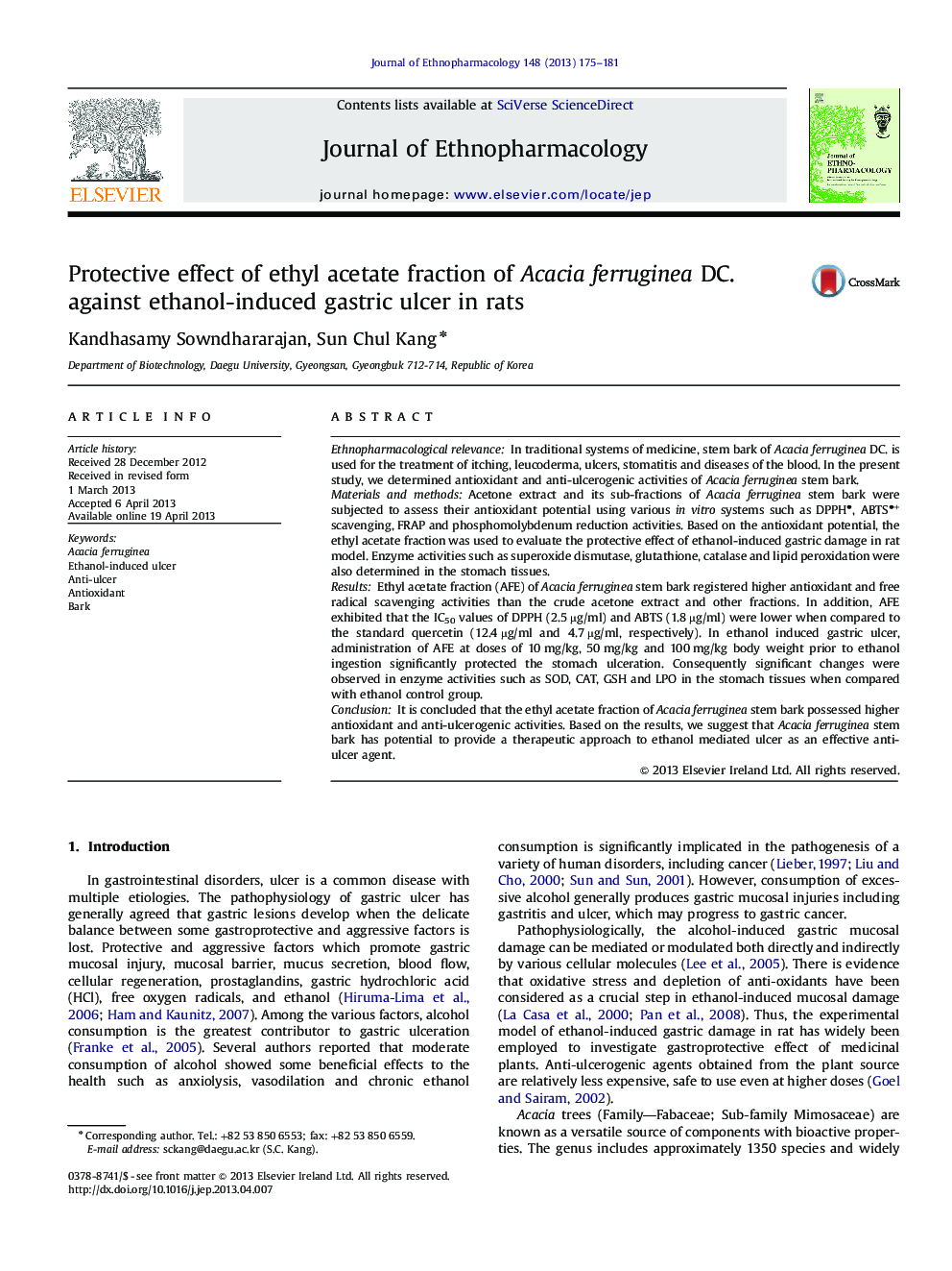 عکس صفحه اول مقاله: Protective effect of ethyl acetate fraction of Acacia ferruginea DC. against ethanol-induced gastric ulcer in rats Protective effect of ethyl acetate fraction of Acacia ferruginea DC. against ethanol-induced gastric ulcer in rats