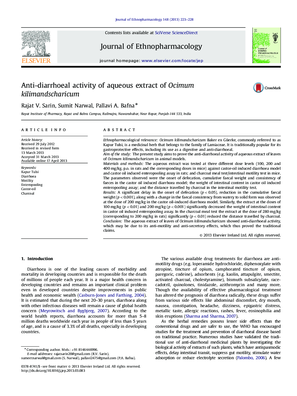 Anti-diarrhoeal activity of aqueous extract of Ocimum kilimandscharicum