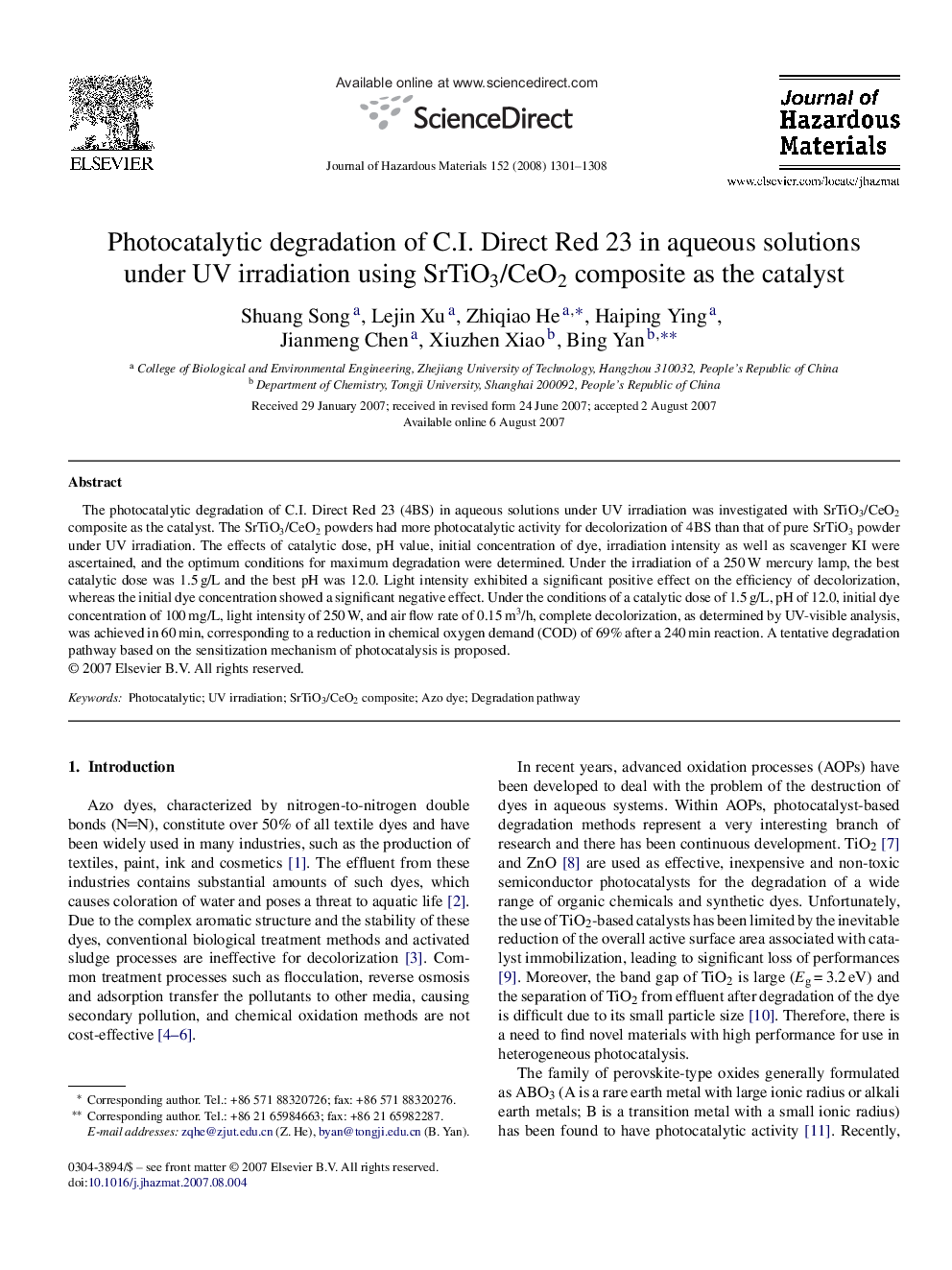 Photocatalytic degradation of C.I. Direct Red 23 in aqueous solutions under UV irradiation using SrTiO3/CeO2 composite as the catalyst