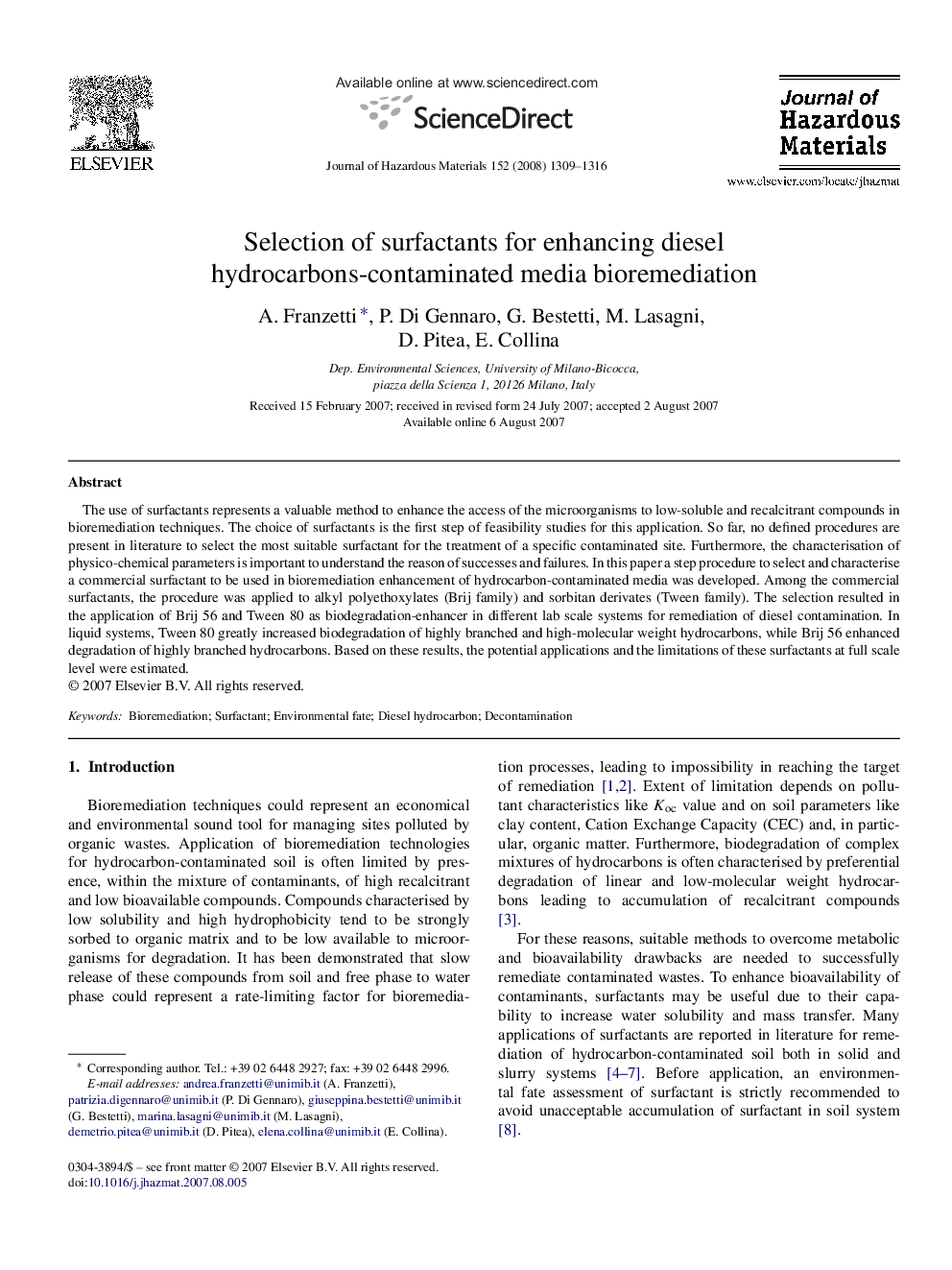 Selection of surfactants for enhancing diesel hydrocarbons-contaminated media bioremediation