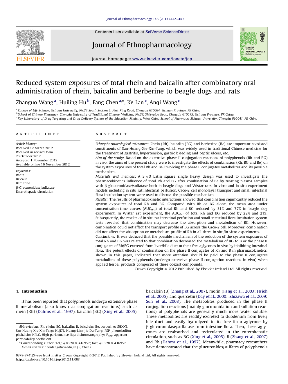 Reduced system exposures of total rhein and baicalin after combinatory oral administration of rhein, baicalin and berberine to beagle dogs and rats