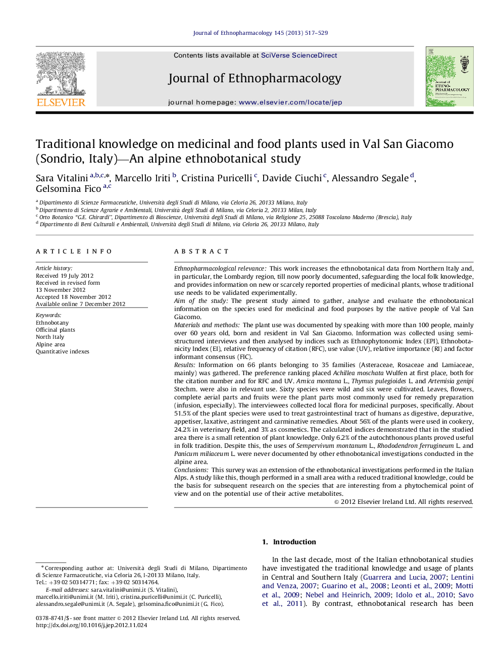 Traditional knowledge on medicinal and food plants used in Val San Giacomo (Sondrio, Italy)-An alpine ethnobotanical study