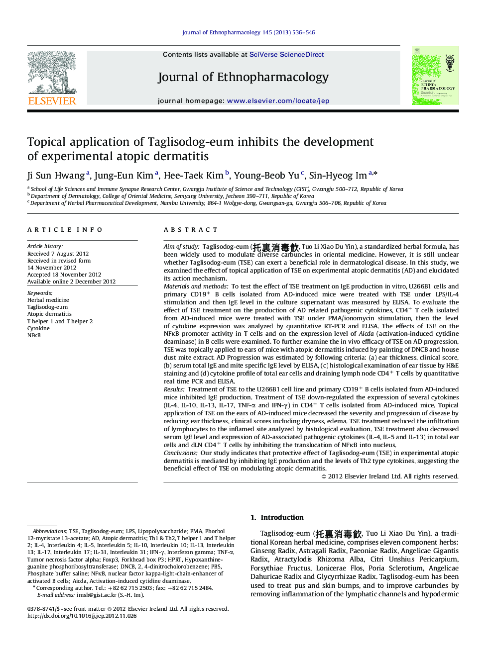 Topical application of Taglisodog-eum inhibits the development of experimental atopic dermatitis