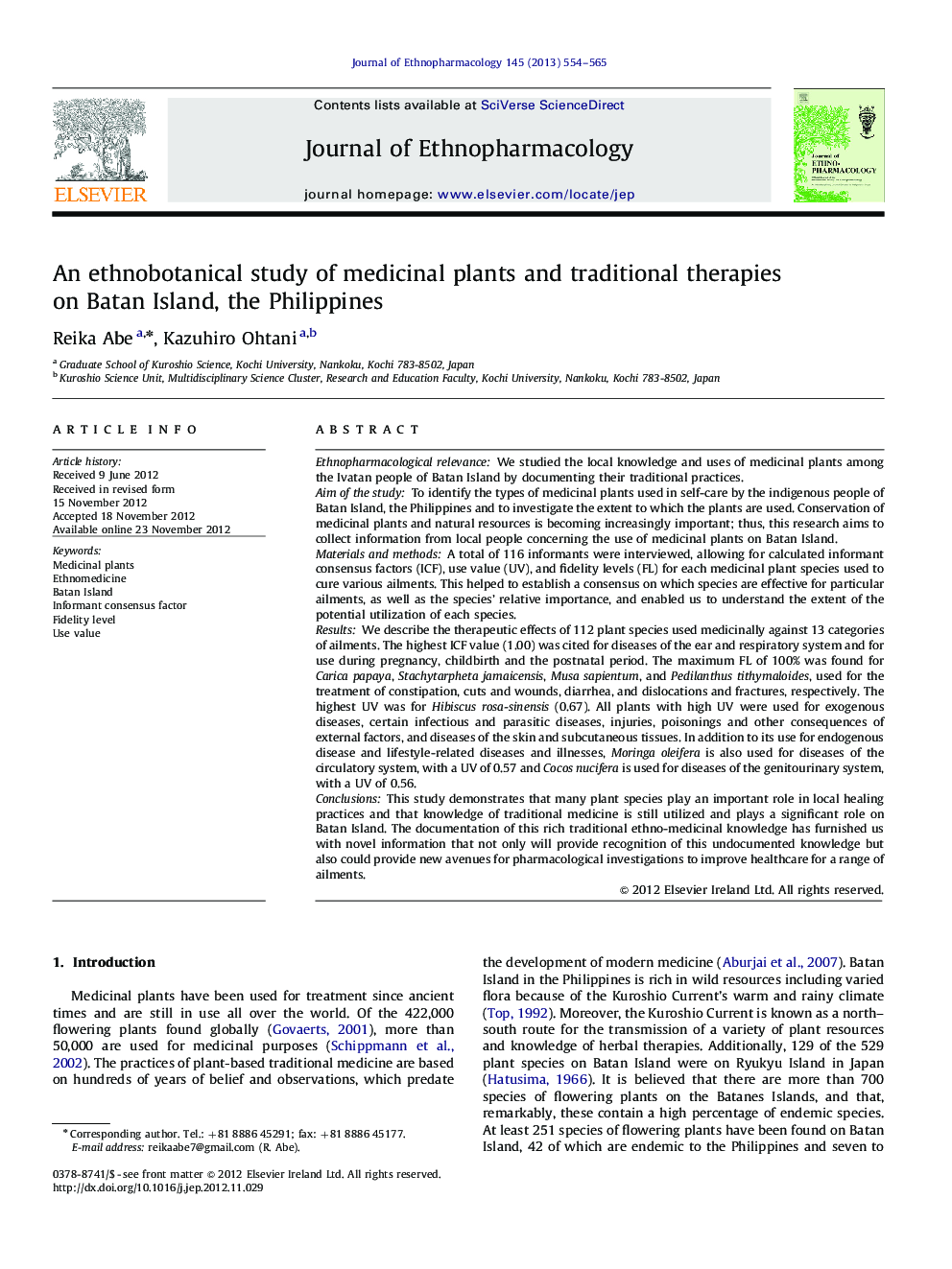 An ethnobotanical study of medicinal plants and traditional therapies on Batan Island, the Philippines