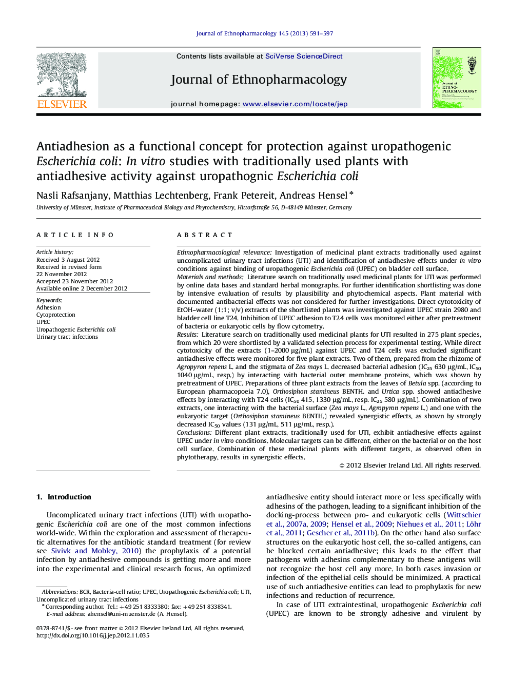 Antiadhesion as a functional concept for protection against uropathogenic Escherichia coli: In vitro studies with traditionally used plants with antiadhesive activity against uropathognic Escherichia coli