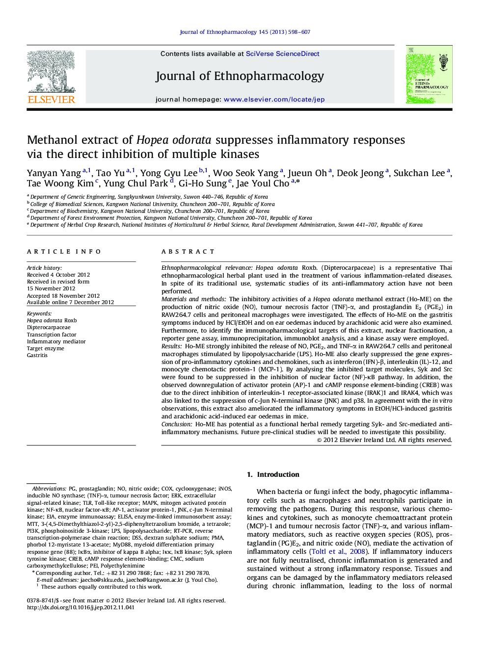 Methanol extract of Hopea odorata suppresses inflammatory responses via the direct inhibition of multiple kinases