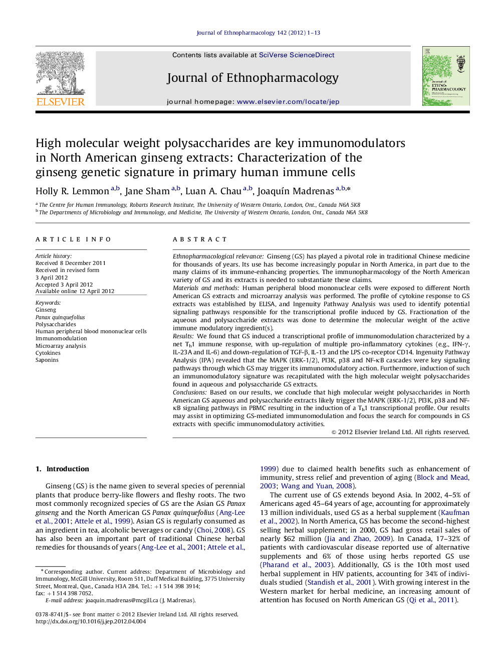 High molecular weight polysaccharides are key immunomodulators in North American ginseng extracts: Characterization of the ginseng genetic signature in primary human immune cells