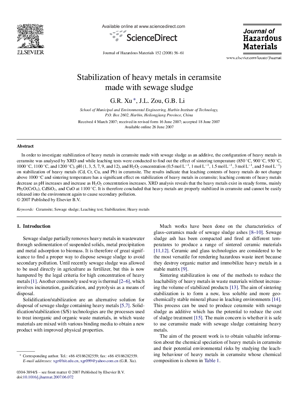 عکس صفحه اول مقاله: Stabilization of heavy metals in ceramsite made with sewage sludge Stabilization of heavy metals in ceramsite made with sewage sludge