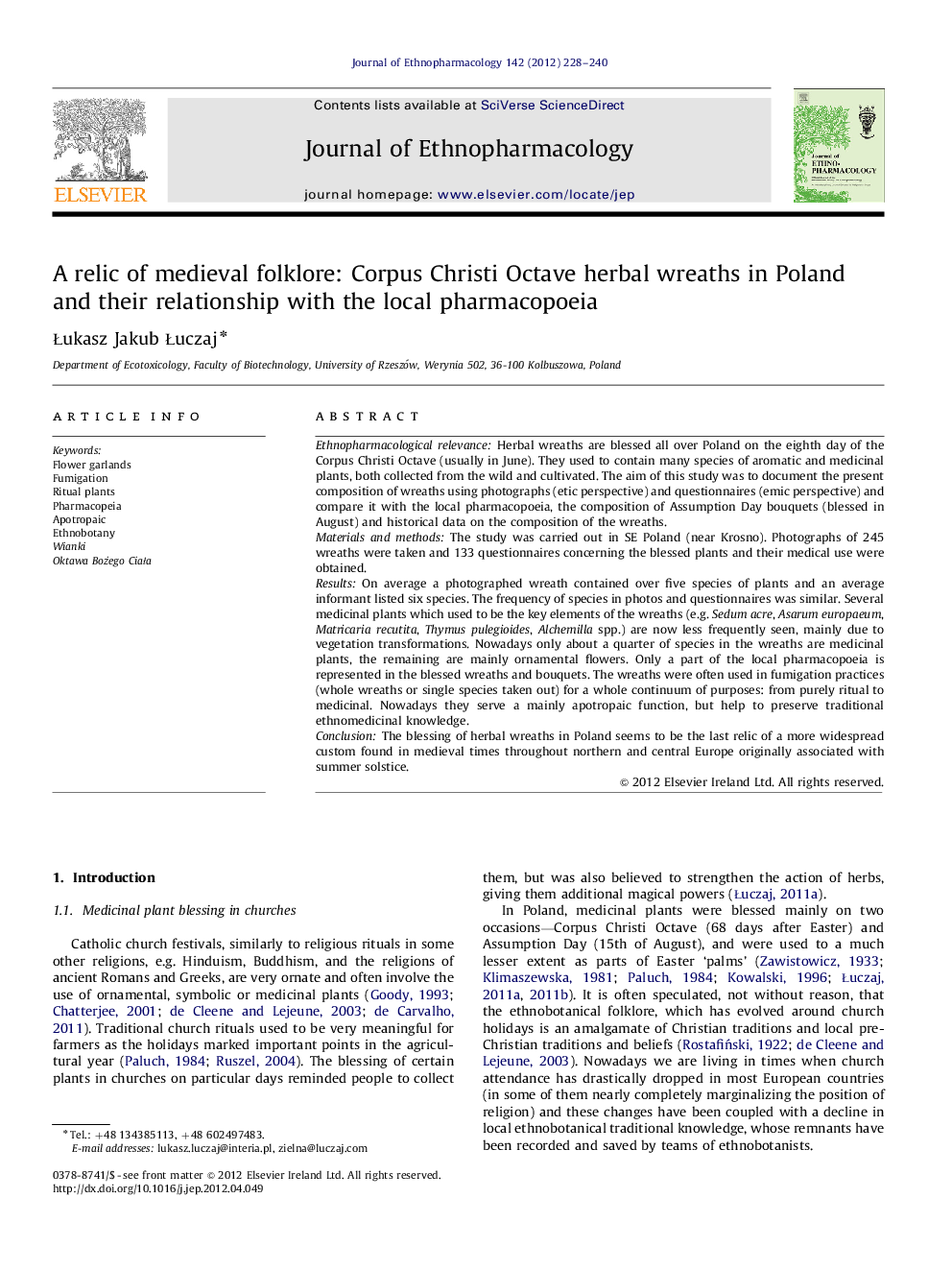 A relic of medieval folklore: Corpus Christi Octave herbal wreaths in Poland and their relationship with the local pharmacopoeia