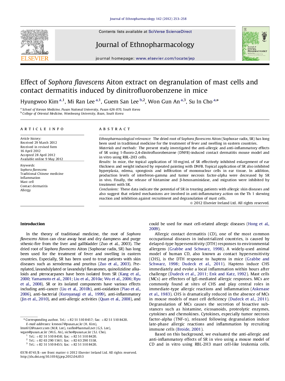 عکس صفحه اول مقاله: Effect of Sophora flavescens Aiton extract on degranulation of mast cells and contact dermatitis induced by dinitrofluorobenzene in mice Effect of Sophora flavescens Aiton extract on degranulation of mast cells and contact dermatitis induced by dinitrofluorobenzene in mice
