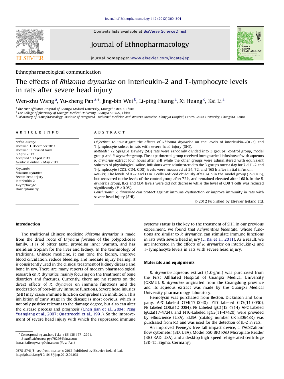 Ethnopharmacological communicationThe effects of Rhizoma drynariae on interleukin-2 and T-lymphocyte levels in rats after severe head injury