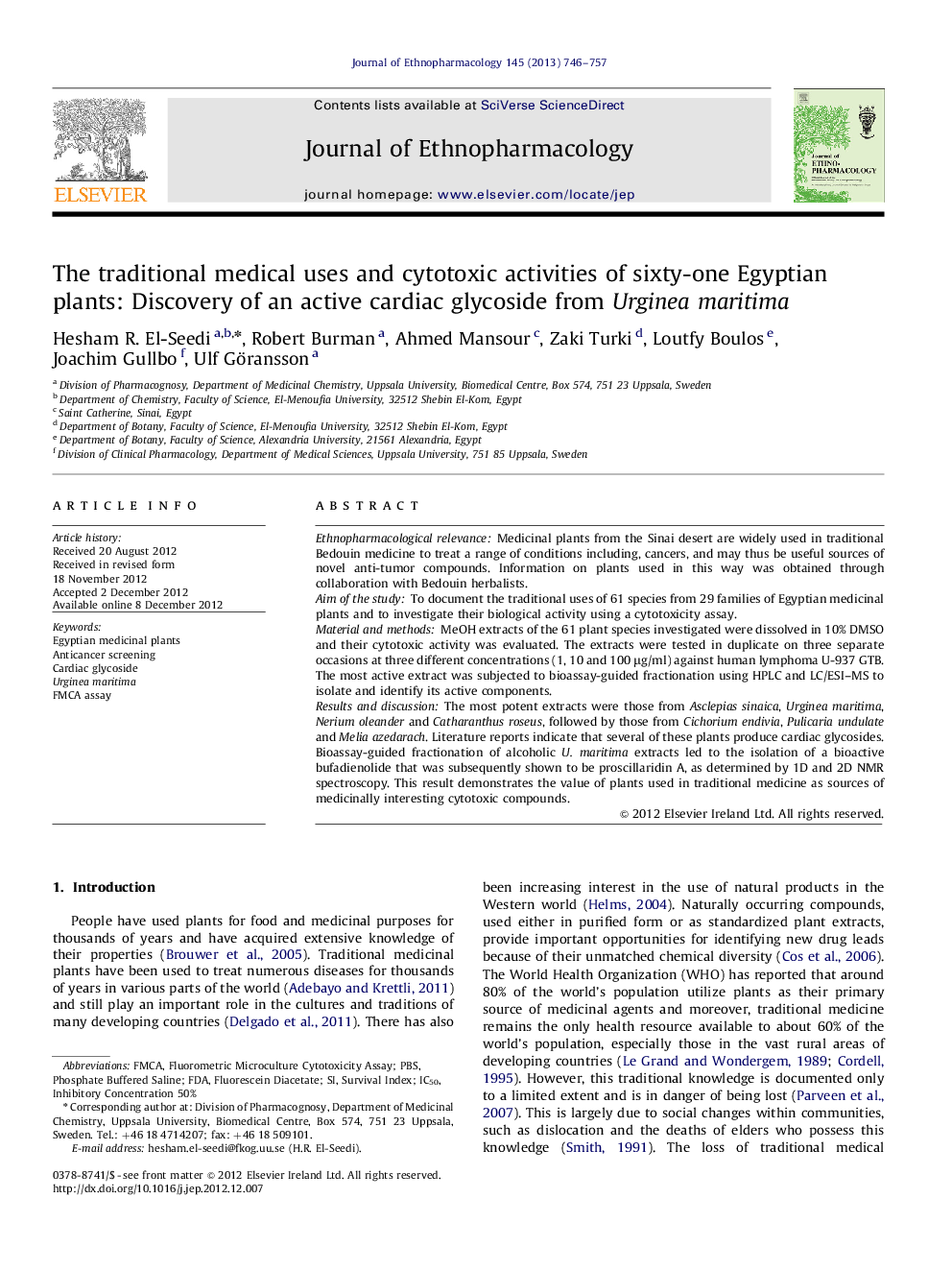 The traditional medical uses and cytotoxic activities of sixty-one Egyptian plants: Discovery of an active cardiac glycoside from Urginea maritima