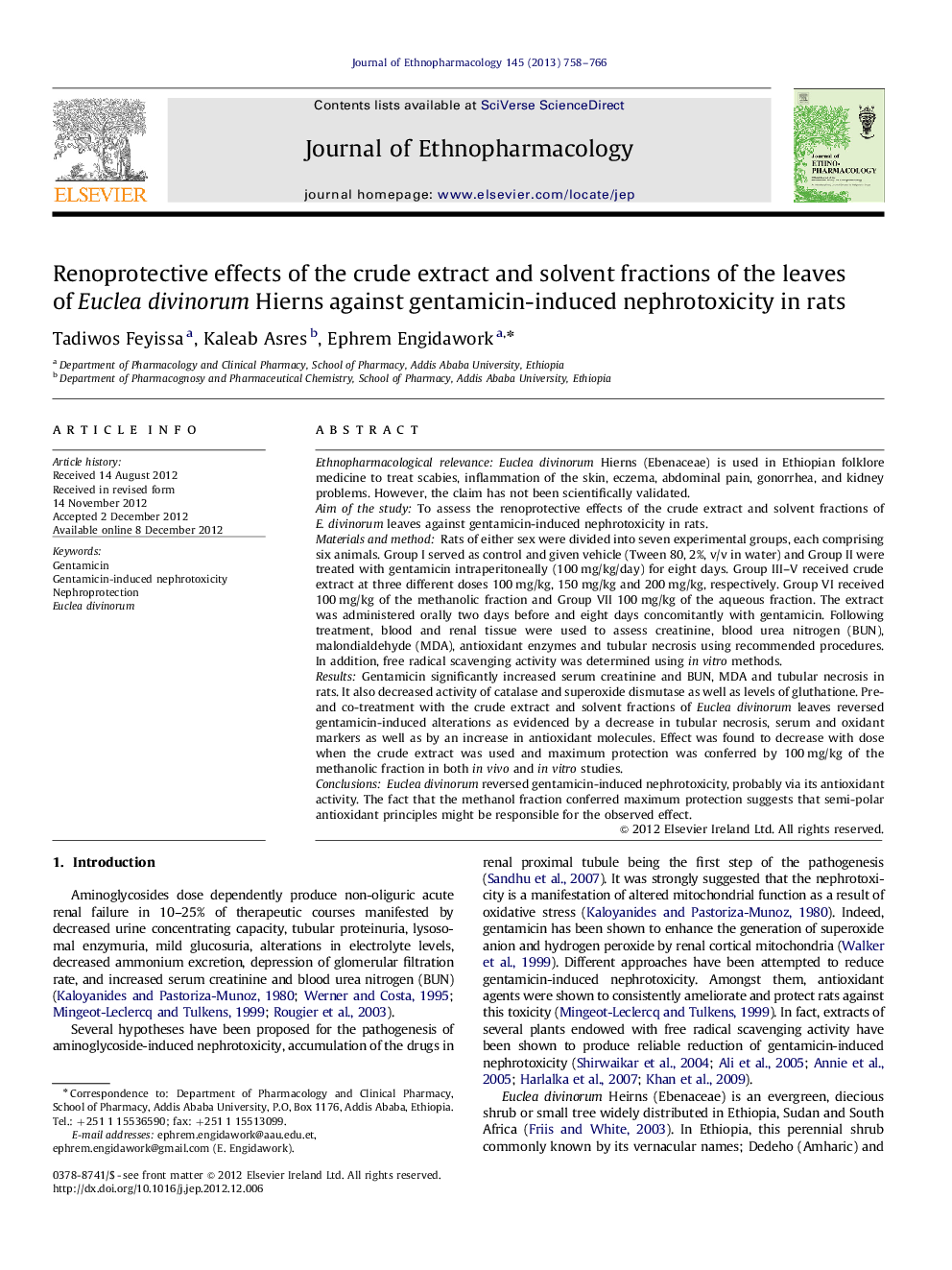 Renoprotective effects of the crude extract and solvent fractions of the leaves of Euclea divinorum Hierns against gentamicin-induced nephrotoxicity in rats