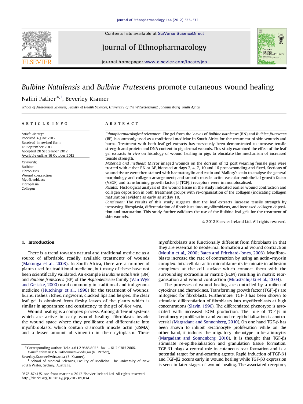 Bulbine Natalensis and Bulbine Frutescens promote cutaneous wound healing