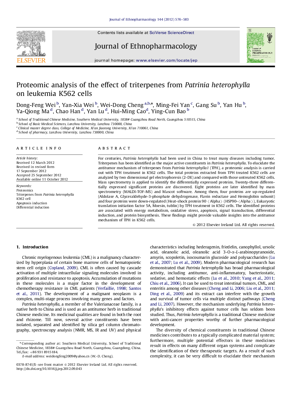 Proteomic analysis of the effect of triterpenes from Patrinia heterophylla on leukemia K562 cells