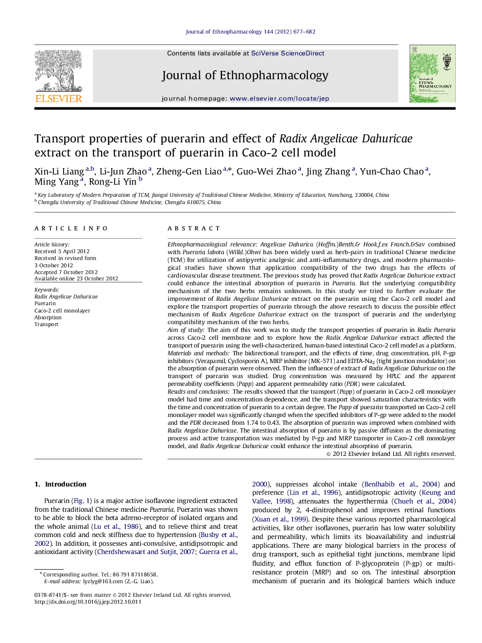 Transport properties of puerarin and effect of Radix Angelicae Dahuricae extract on the transport of puerarin in Caco-2 cell model