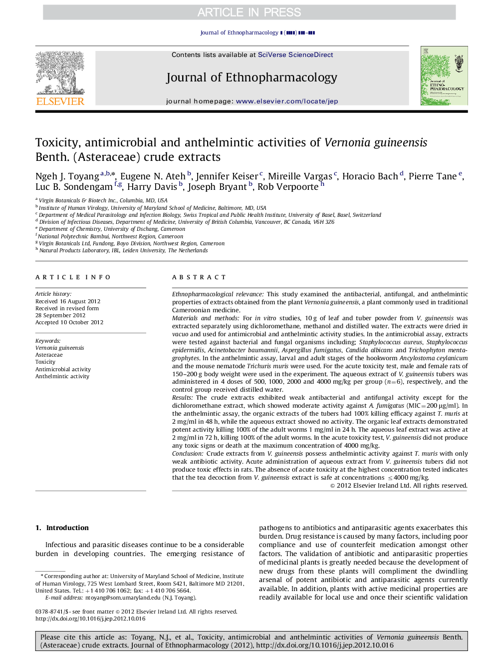 Toxicity, antimicrobial and anthelmintic activities of Vernonia guineensis Benth. (Asteraceae) crude extracts