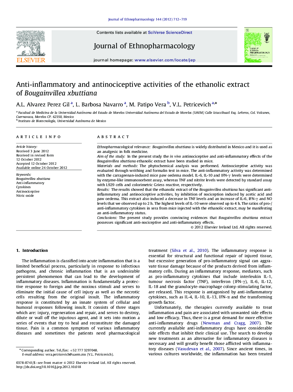 Anti-inflammatory and antinociceptive activities of the ethanolic extract of Bougainvillea xbuttiana
