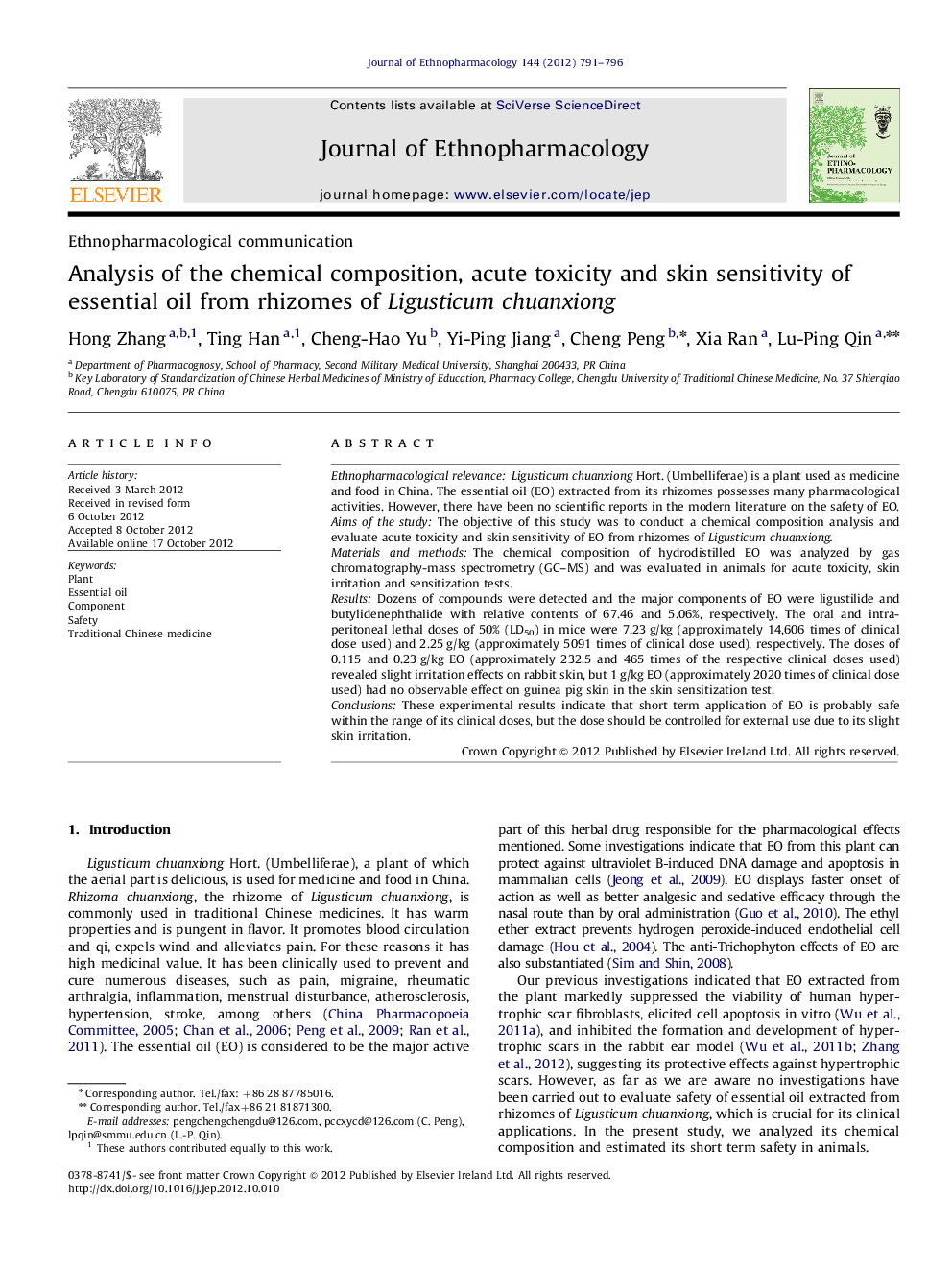 عکس صفحه اول مقاله: Ethnopharmacological communicationAnalysis of the chemical composition, acute toxicity and skin sensitivity of essential oil from rhizomes of Ligusticum chuanxiong Ethnopharmacological communicationAnalysis of the chemical composition, acute toxicity and skin sensitivity of essential oil from rhizomes of Ligusticum chuanxiong