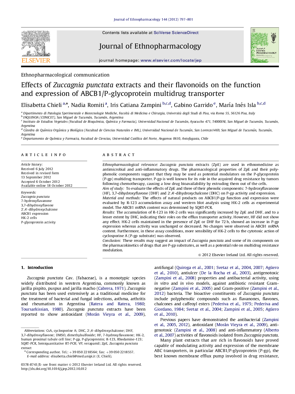 Effects of Zuccagnia punctata extracts and their flavonoids on the function and expression of ABCB1/P-glycoprotein multidrug transporter