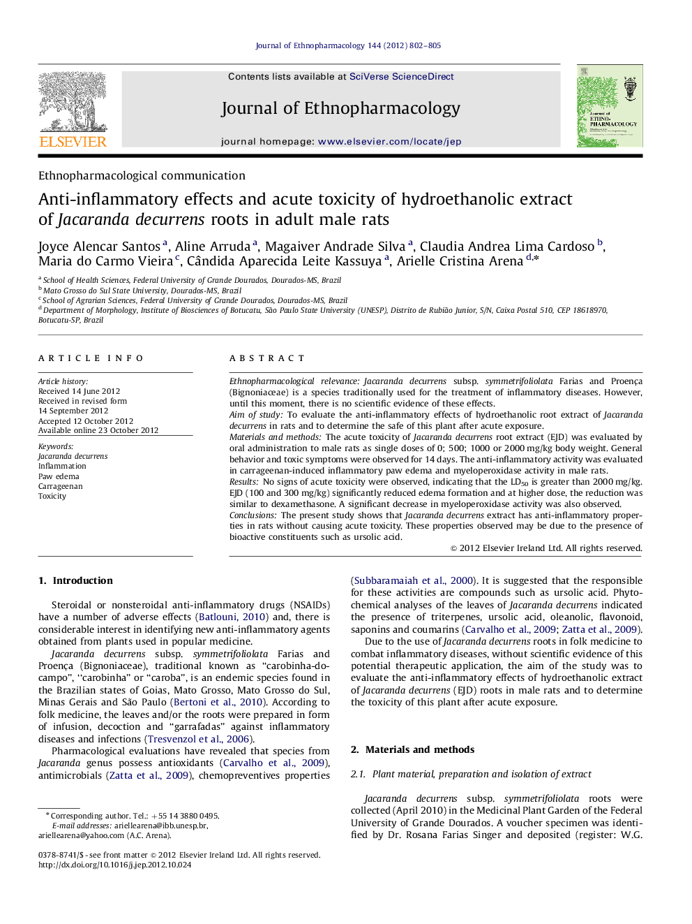 Anti-inflammatory effects and acute toxicity of hydroethanolic extract of Jacaranda decurrens roots in adult male rats