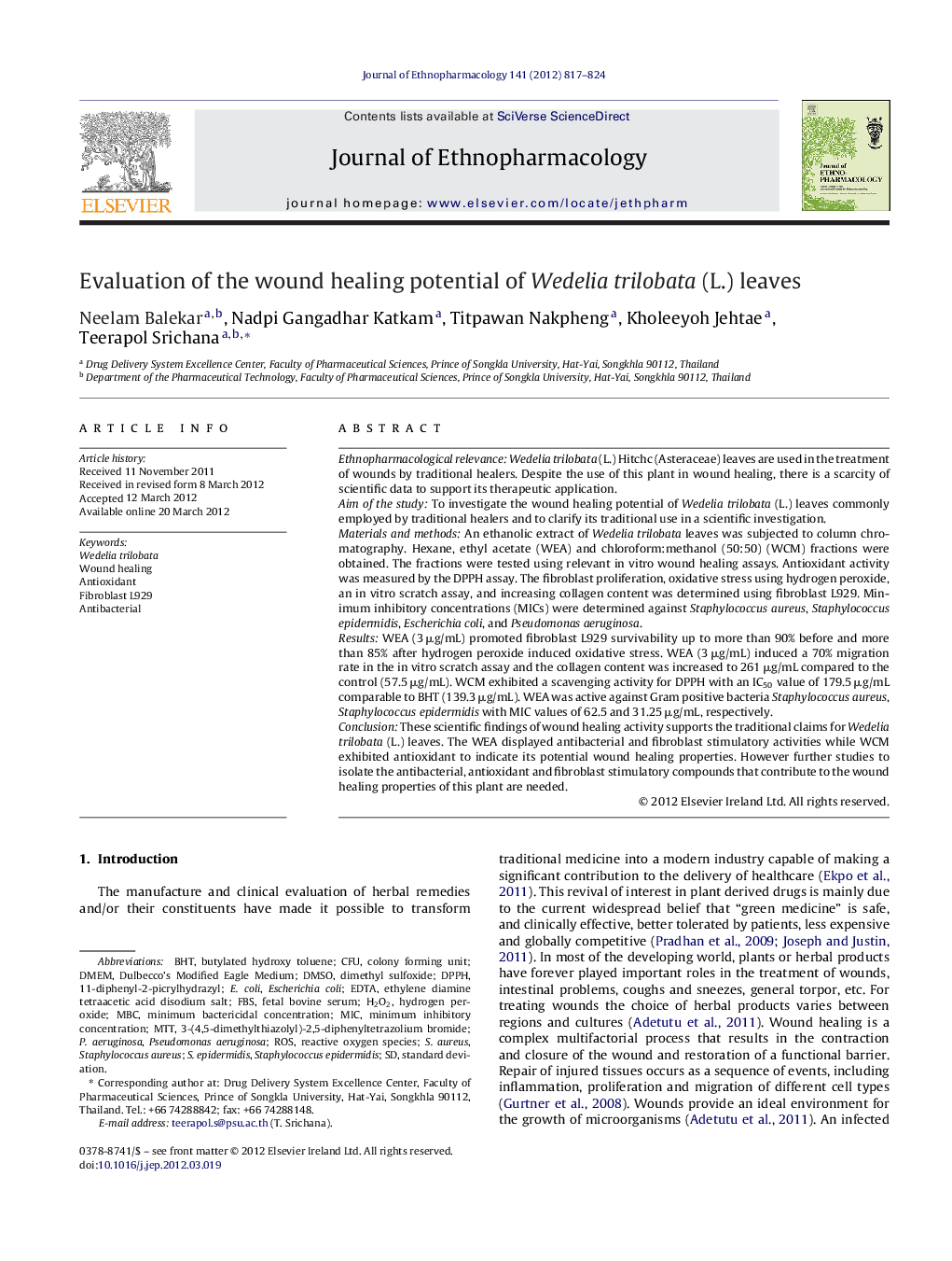 Evaluation of the wound healing potential of Wedelia trilobata (L.) leaves