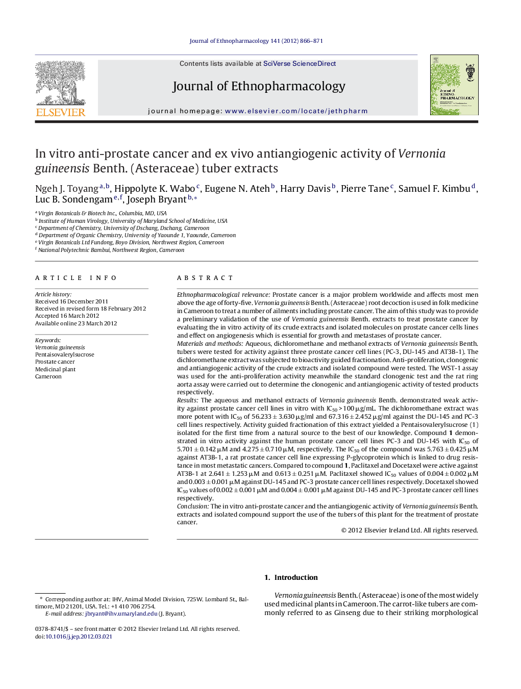 In vitro anti-prostate cancer and ex vivo antiangiogenic activity of Vernonia guineensis Benth. (Asteraceae) tuber extracts