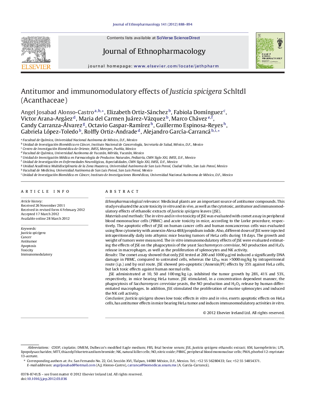 Antitumor and immunomodulatory effects of Justicia spicigera Schltdl (Acanthaceae)