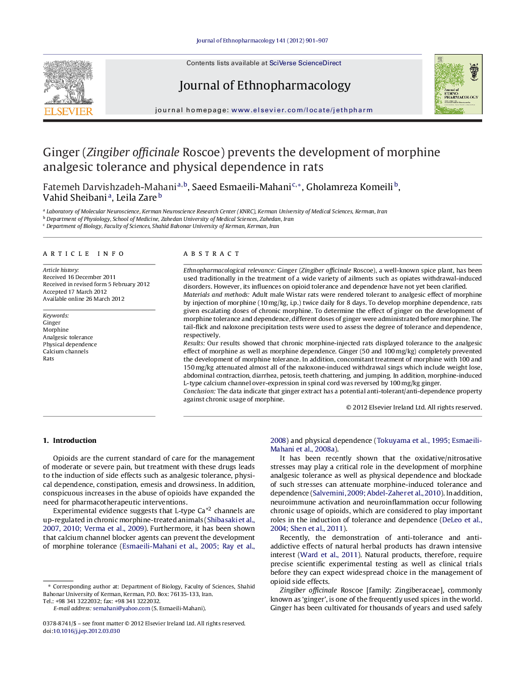 Ginger (Zingiber officinale Roscoe) prevents the development of morphine analgesic tolerance and physical dependence in rats