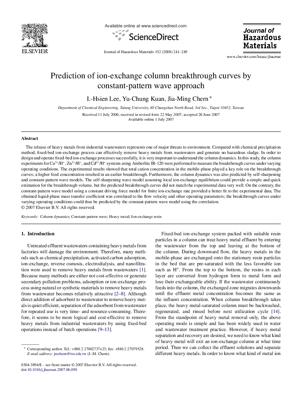 Prediction of ion-exchange column breakthrough curves by constant-pattern wave approach