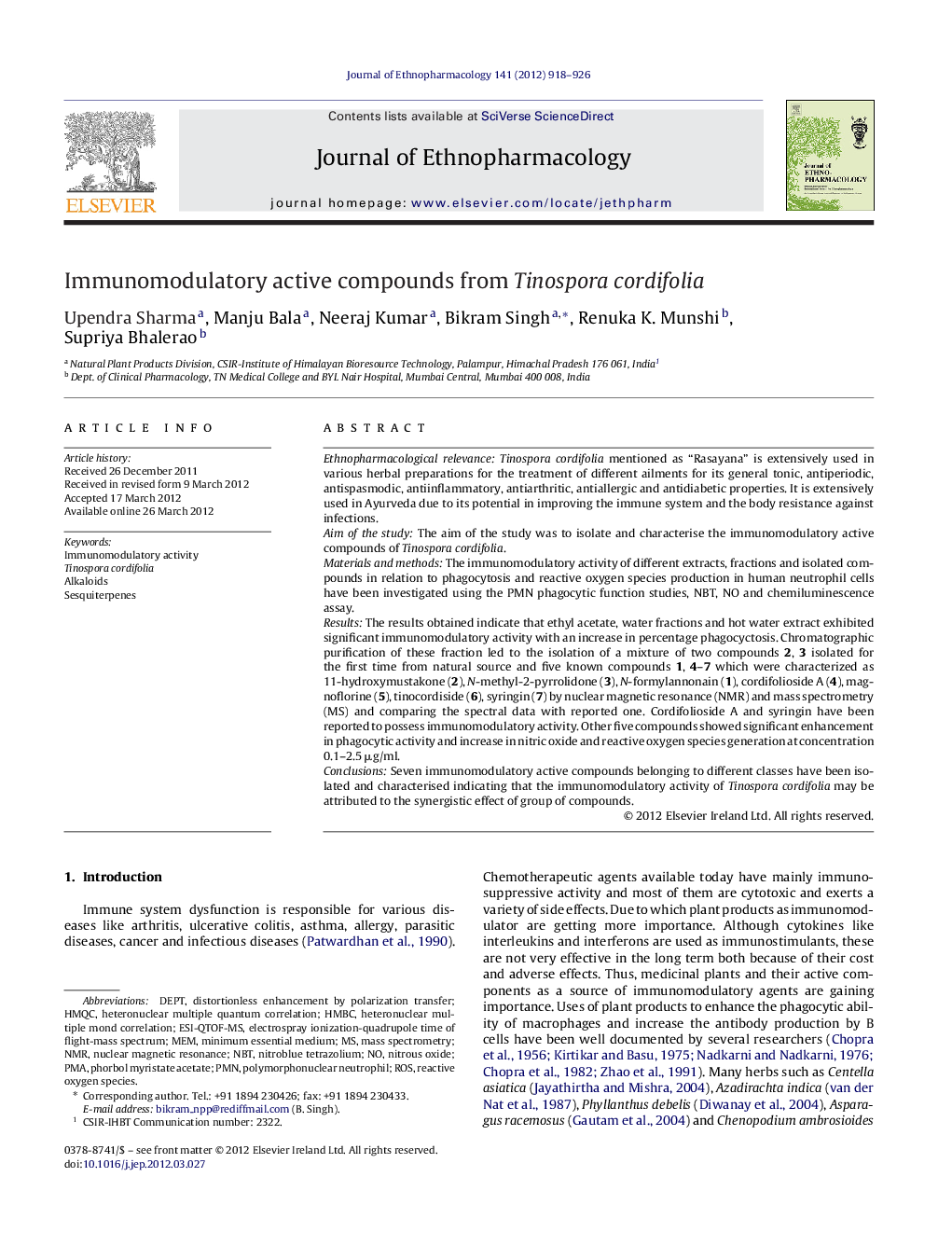 Immunomodulatory active compounds from Tinospora cordifolia