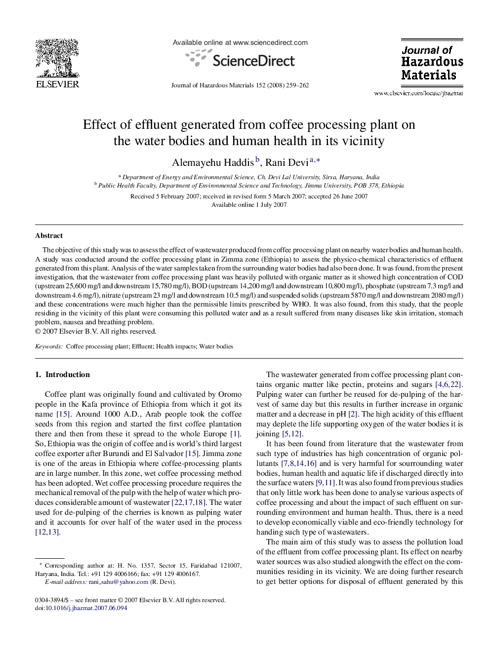 Effect of effluent generated from coffee processing plant on the water bodies and human health in its vicinity