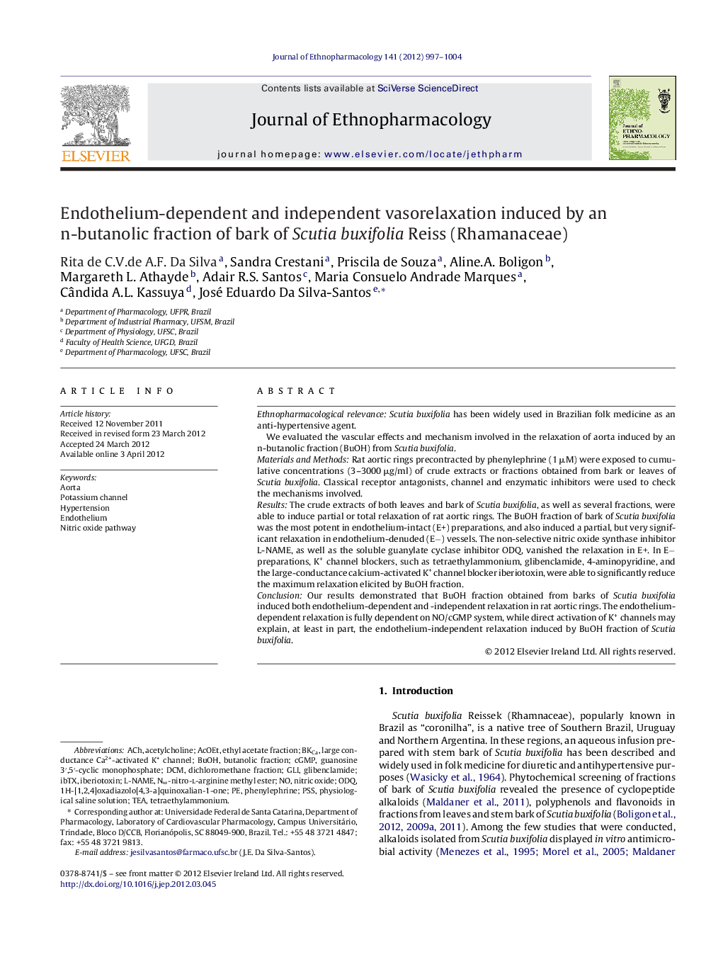 Endothelium-dependent and independent vasorelaxation induced by an n-butanolic fraction of bark of Scutia buxifolia Reiss (Rhamanaceae)